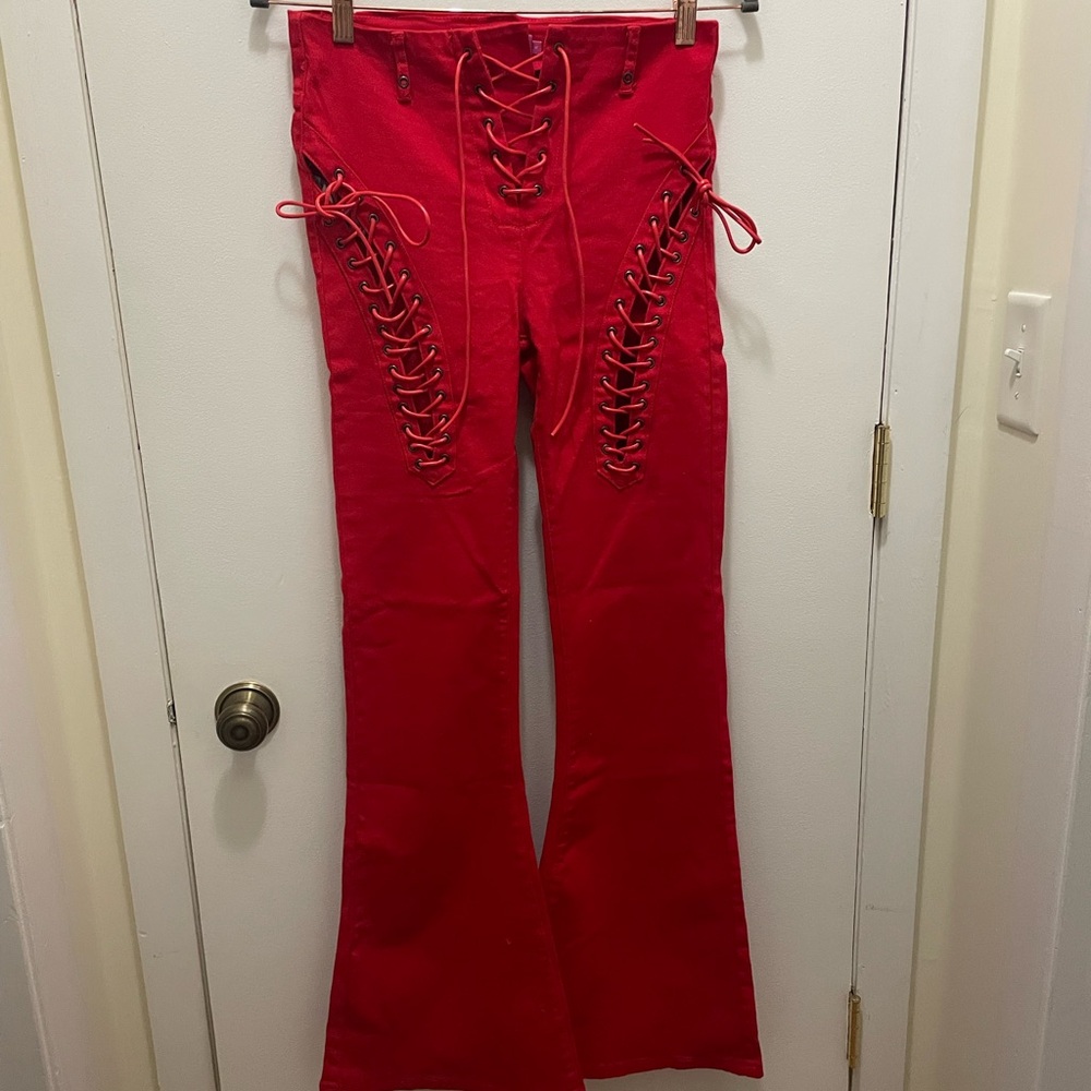 Red Lace-Up Flare Pants